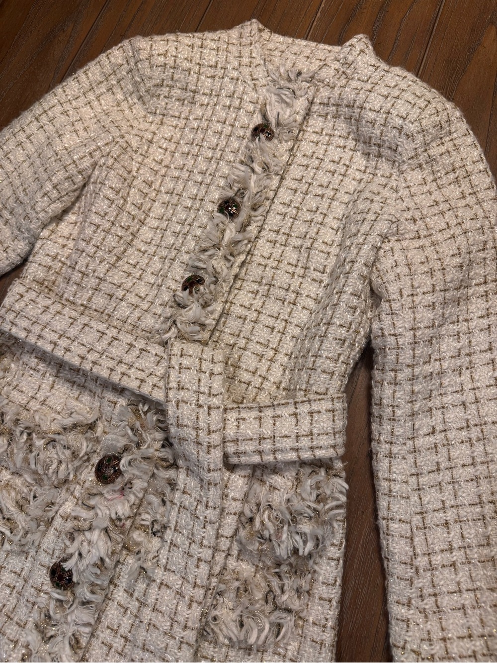Cream Tweed Belted Long Coat with Fringed Trim #91 - Picture 2 of 9